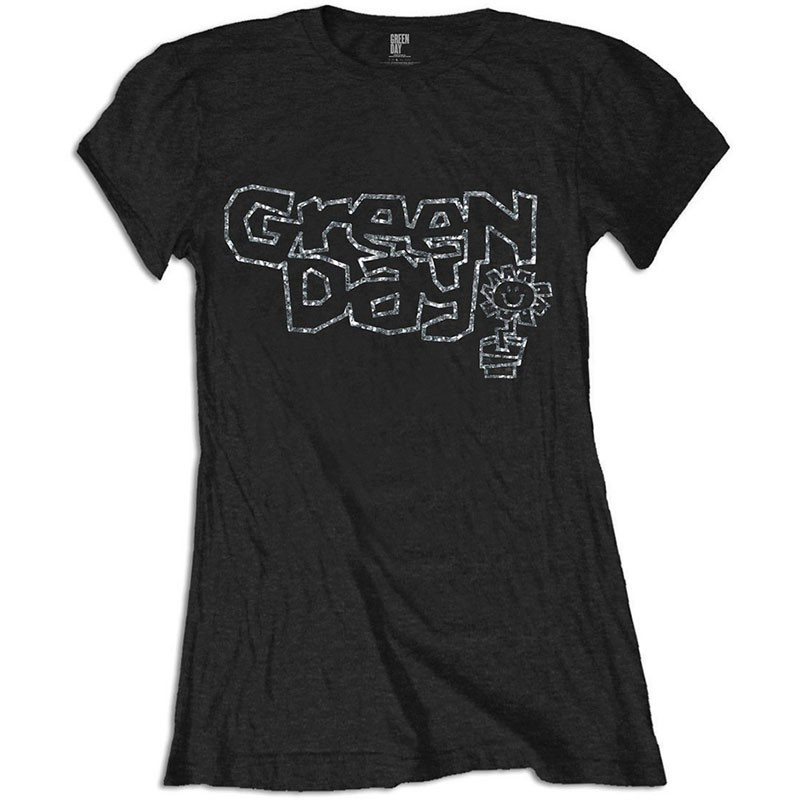 GREEN DAY FLOWERPOT DIAMANTE LADIES BLK TSHIRT: LARGE