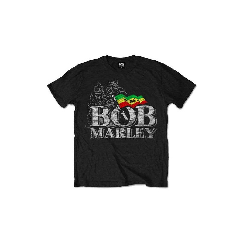 BOB MARLEY MEN'S TEE: DISTRESSED LOGO (SMALL) BLACK MENS TEE