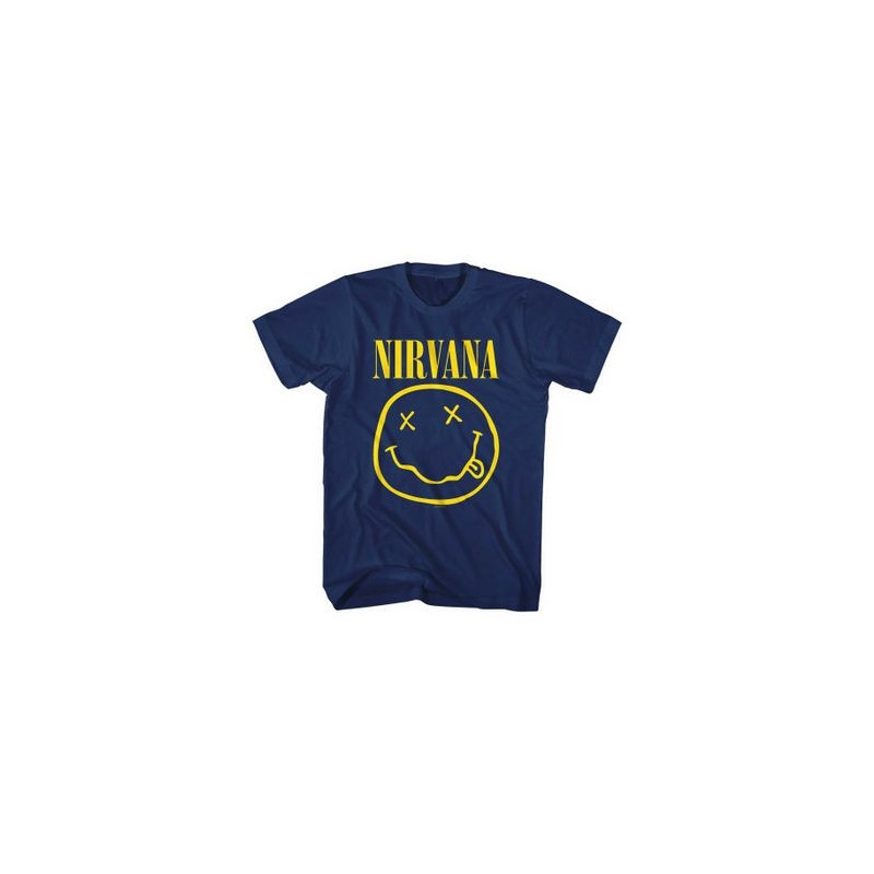 NIRVANA T-SHIRT  LARGE UNISEX BLUE  YELLOW SMILEY