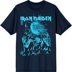 IRON MAIDEN UNISEX T-SHIRT: 50 LIFE AFTER DEATH FLAMES BLUE (NAVY BLUE)
