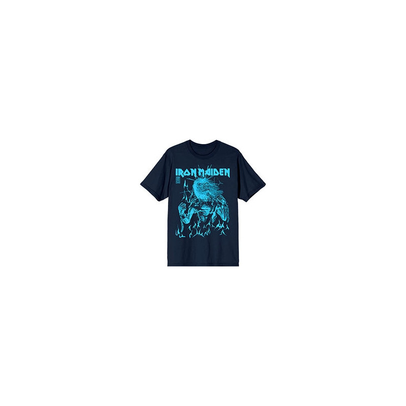 IRON MAIDEN UNISEX T-SHIRT: 50 LIFE AFTER DEATH FLAMES BLUE (NAVY BLUE)