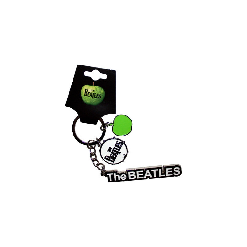 THE BEATLES KEYCHAIN: TEXT LOGO DROP T DRUM & APPLE CHARMS