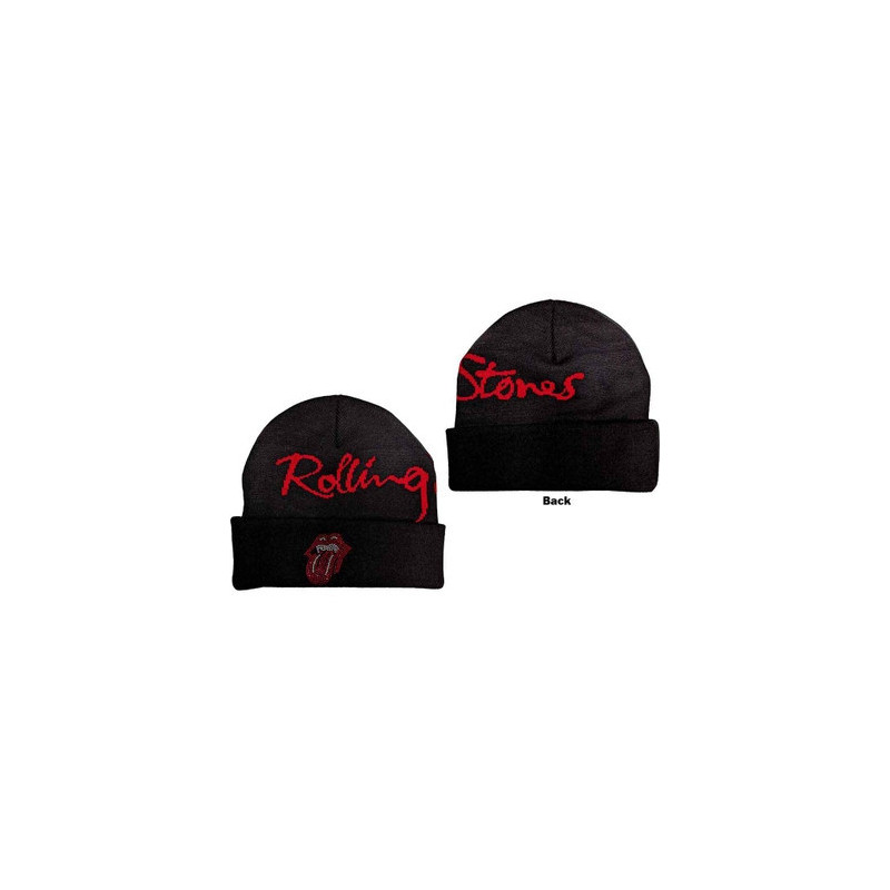 THE ROLLING STONES UNISEX BEANIE HAT: EMBELLISHED CLASSIC TONGUE (BLACK) (BACK PRINT)